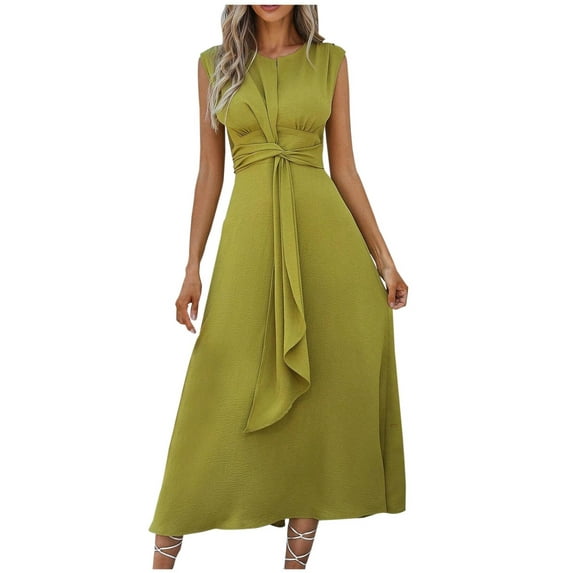 Kaemgyyd Dress for Women Sleeveless Crew Neck Trendy Dresses Solid Tie Waist Ruched Mixi Cocktail Dress for Party