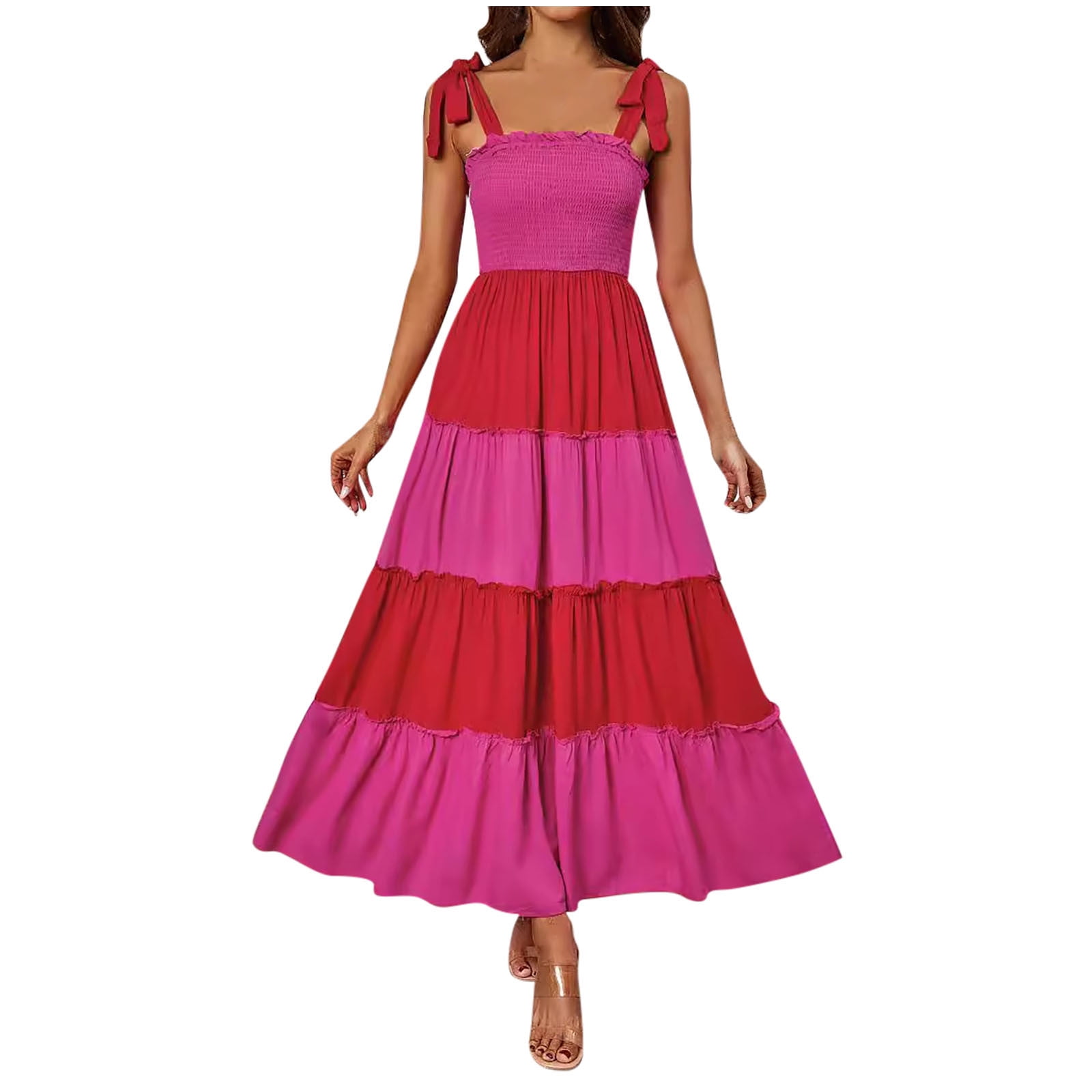 Kaemgyyd Dress for Women Tie Shoulder Sleeveless a Line Dress Maxi Dress Color Block Smock Tiered Flowy Beach Dress - Walmart.com Kaemgyyd Dress for Women Tie Shoulder Sleeveless a Line Dress Maxi Dress Color Block Smock Tiered Flowy Beach Dress - Walmart.com