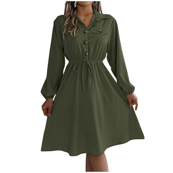 Kaemgyyd Dresser for Bedroom Long Sleeve Button down a Line Shirt Dress Casual Loose Tie Waist Flowy Midi Dresses
