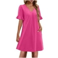 thumbnail image 1 of Kaemgyyd Dresses for Women Basic V Neck Ruffle Short Sleeve Sundresses Casual Plain Loose Fit Flowy T-Shirt Dress, 1 of 7