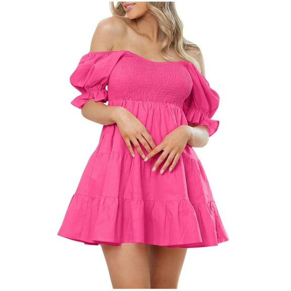 Kaemgyyd Dresses for Women Casual Fashion off Shoulder Short Sleeve A Line Mini Dress Flowy Tiered Smock Ruffle Hem Dress