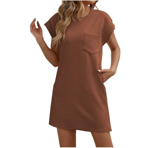 Kaemgyyd Dresses for Women Casual Solid Color Textured T Shirt Dress Crew Neck Short Sleeve Flowy Dress with Pockets