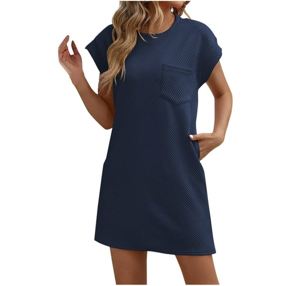 Kaemgyyd Dresses for Women Casual Solid Color Textured T Shirt Dress Crew Neck Short Sleeve Flowy Dress with Pockets