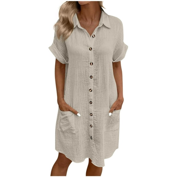 Kaemgyyd Dresses for Women Rolled up Short Sleeve Button down Casual Dresses Summer Loose Beach Shirt Dresses with Pockets