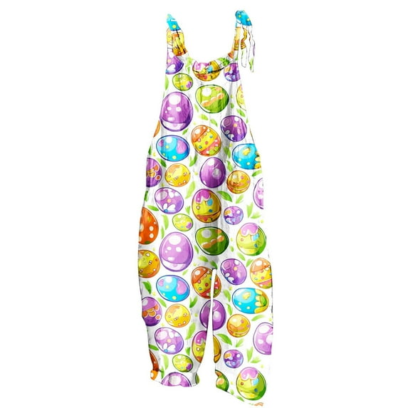 Kaemgyyd Easter Overalls for Women Summer Fashion Sleeveless Casual Jumpsuit Loose Adjustable Straps Print Romper with Pockets