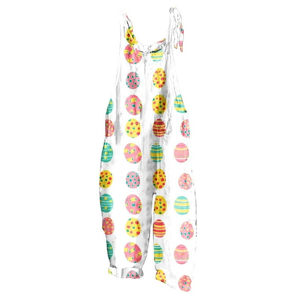 Kaemgyyd Easter Overalls for Women Summer Fashion Sleeveless Casual Jumpsuit Loose Adjustable Straps Print Romper with Pockets