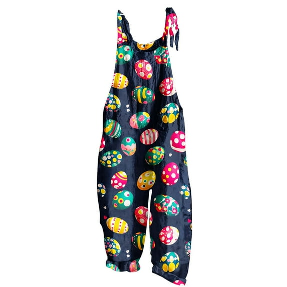 Kaemgyyd Easter Overalls for Women Summer Fashion Sleeveless Casual Jumpsuit Loose Adjustable Straps Print Romper with Pockets
