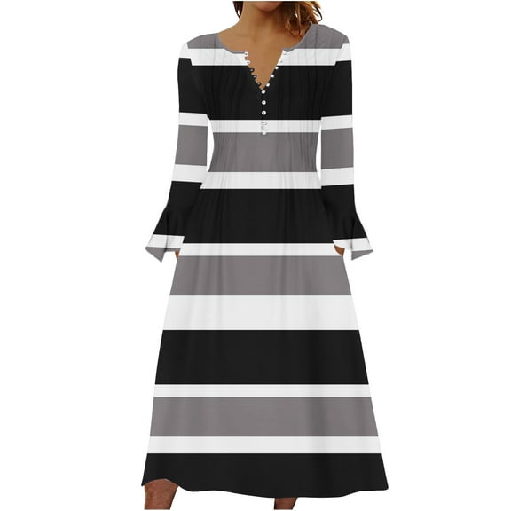 Kaemgyyd Fall Dresses for Women Casual Loose Stripe Long Sleeve Midi Dress Fashion Button A Line Flowy Dress