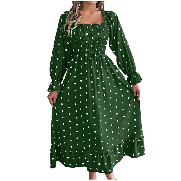 Kaemgyyd Fall Dresses for Women Long Sleeve Smocked Maxi Dress Casual Square Neck Polka Dot Tiered Flowy Dresses