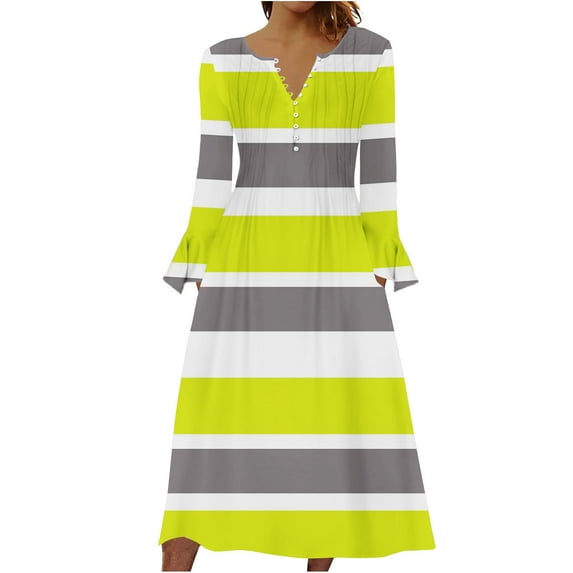 Kaemgyyd Fall Dresses for Women Casual Loose Stripe Long Sleeve Midi Dress Fashion Button A Line Flowy Dress