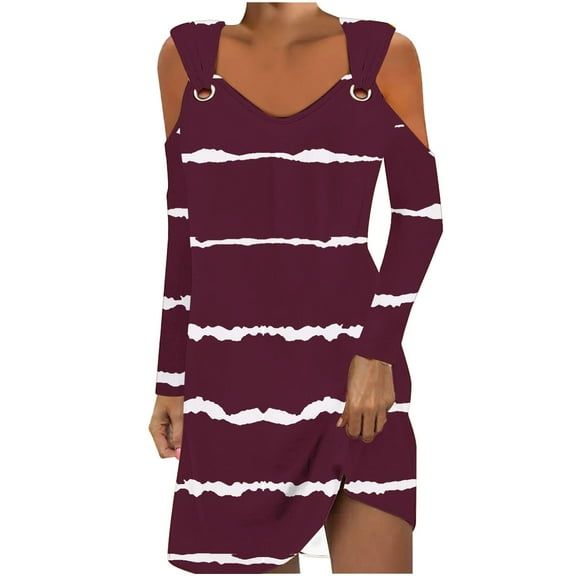 Kaemgyyd Fall Dresses for Women Casual Stripe Long Sleeve Cold Shoulder Mini Dress Fashion V Neck T-Shirt Flowy Dresses