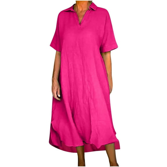 Kaemgyyd Fall Dresses for Women Loose V Neck Flowy Half Sleeve Casual Midi Dress Plus Size Solid Color Basic Baggy Clothing