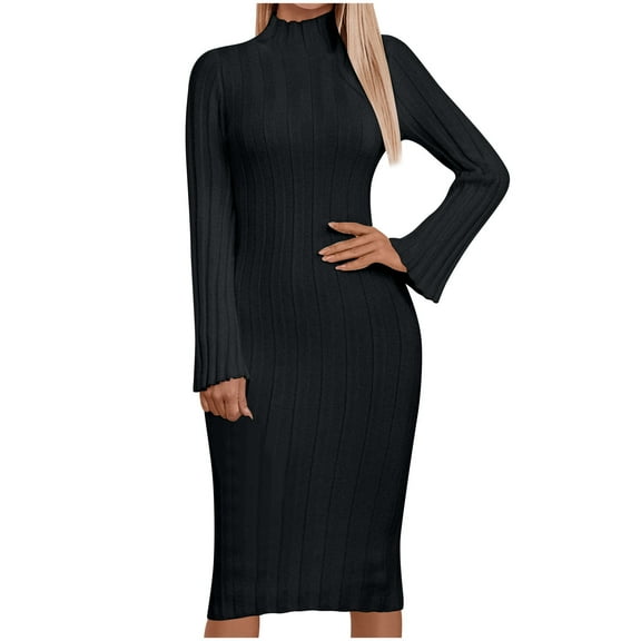 Kaemgyyd Fall Dresses for Women Turtle Neck Long Sleeve Bodycon Evening Party Dress Casual Slim Solid Color Dress