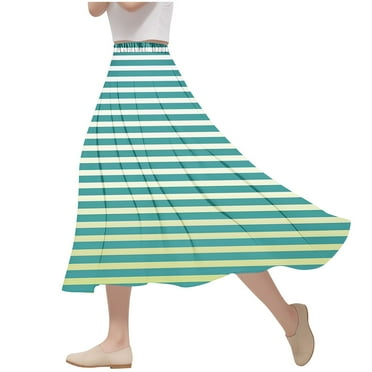Kaemgyyd Fall Flowy Skirt for Women Elastic High Waist Pleated A-Line Midi Skirt Casual Loose Stripe Beach Skirt 2025 Fashion