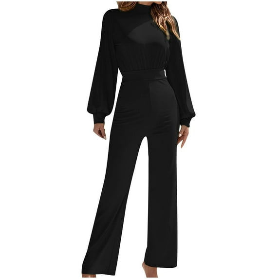 Kaemgyyd Fall Jumpsuits for Women Casual Long Lantern Sleeve Mock Neck Wide Leg Pants Rompers Work Office One-Piece Outfits