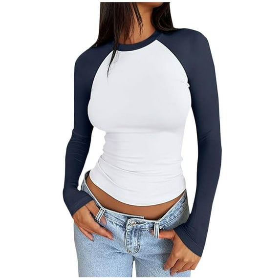 Kaemgyyd Fall Long Sleeve Shirts for Women Stylish Color Block Casual Crew Neck Slim Fit Shirts Cute Ruched Basic Layer Tops XS-XL