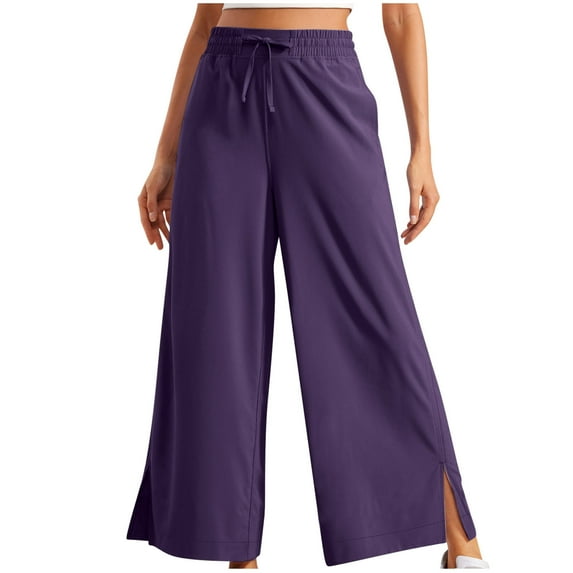 Kaemgyyd Fall Pants for Women High Waist Stretchy Trousers Wide Leg Baggy Split Hem Straight Pants Solid Color Loose Outfit