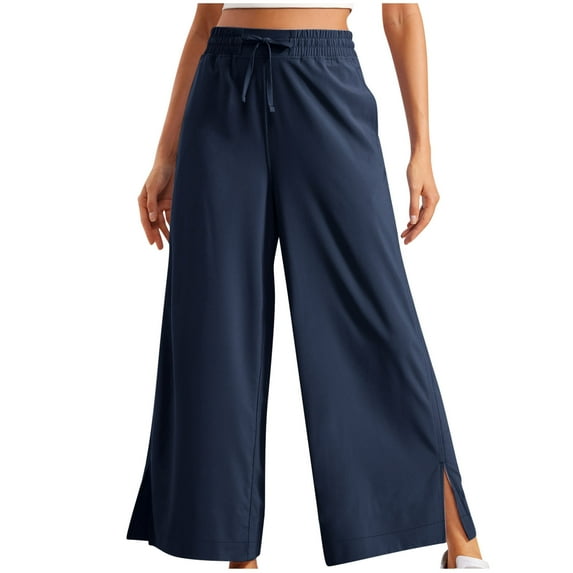 Kaemgyyd Fall Pants for Women High Waist Stretchy Trousers Wide Leg Baggy Split Hem Straight Pants Solid Color Loose Outfit