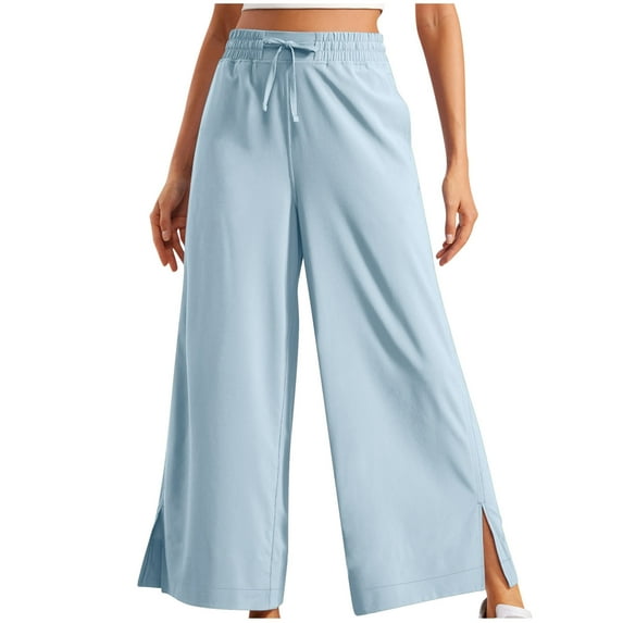 Kaemgyyd Fall Pants for Women High Waist Stretchy Trousers Wide Leg Baggy Split Hem Straight Pants Solid Color Loose Outfit