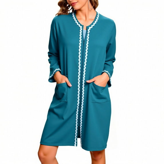 Kaemgyyd Fall Robes for Women Lightweight Zipper Front Bathrobe Long Sleeve House Coat Nightgown with Pockets Soft Loungewear