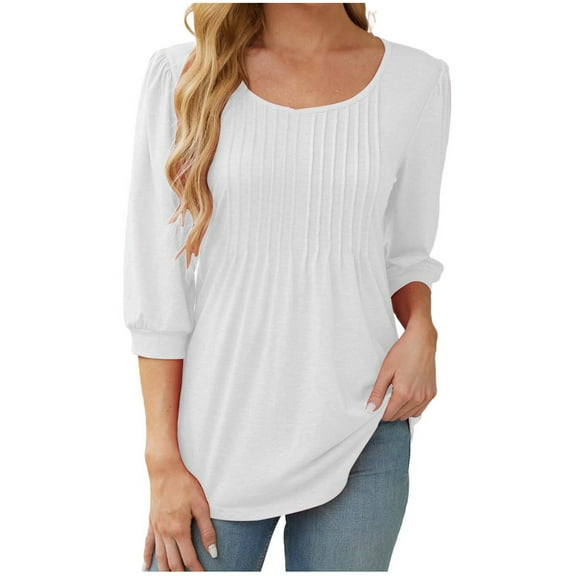 Kaemgyyd Fall Shirts for Women Crew Neck 3/4 Length Sleeve Blouses Casual Loose Pleated Tee Solid Work Tunic Top
