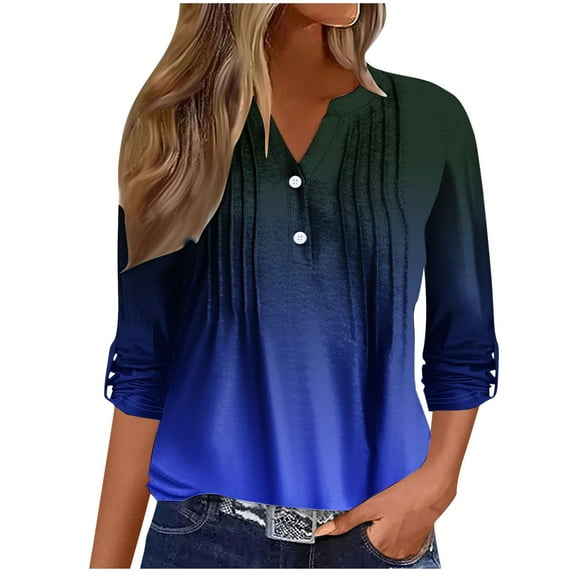 Kaemgyyd Fall Shirts for Women Pleated Button Long Sleeve Blouse Roll up V-Neck Gradient Casual Tops Loose Fashion Office Tee