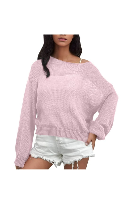 Fall Sweaters for Women Crew Neck Long Sleeve Loose Knit Pullover Casual See Through Blouse Tops