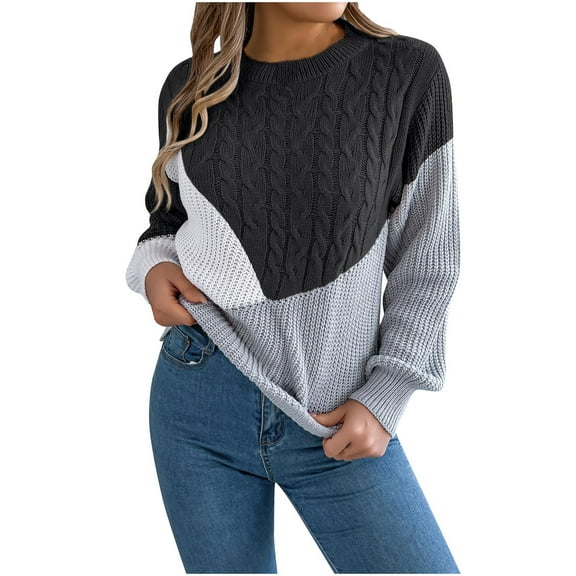 Kaemgyyd Fall Sweaters for Women Cable Knit Long Sleeve Crewneck Pullover Casual Trendy Color Block Tops Loose Outfits
