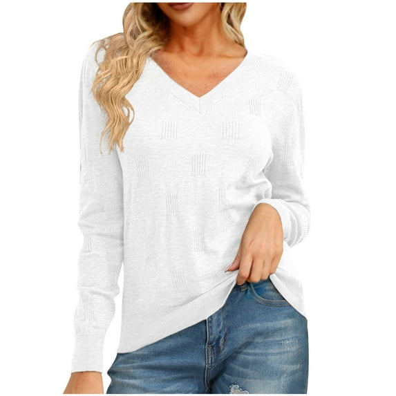 Kaemgyyd Fall Sweaters for Women Lightweight Soft V-Neck Long Sleeve Knit Pullover Solid Color Basic Fashion Tops