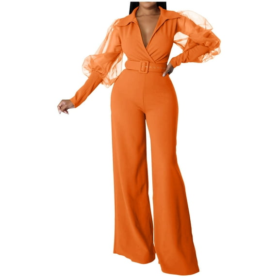 Kaemgyyd Flare Jumpsuit for Women Mesh Long Sleeve V Wrap Neck Wide Leg Pants Romper Cocktail Party One-Piece Clubwear