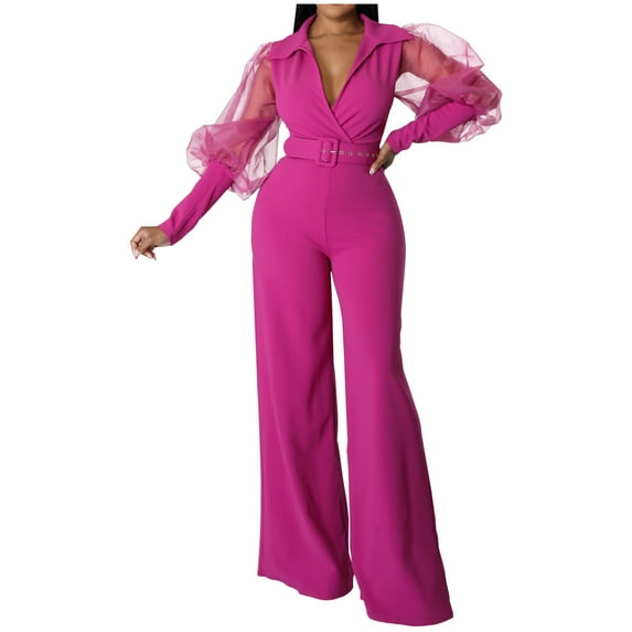Kaemgyyd Flare Jumpsuit for Women Mesh Long Sleeve V Wrap Neck Wide Leg Pants Romper Cocktail Party One-Piece Clubwear