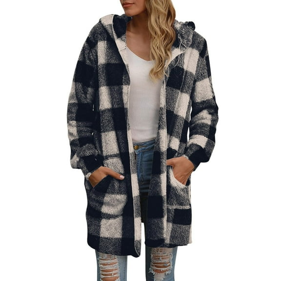 Kaemgyyd Fleece Jacket for Women Fuzzy Sherpa Lined Warm Loose Outerwear Long Sleeve Full Zip Hooded Thick Winter Coats