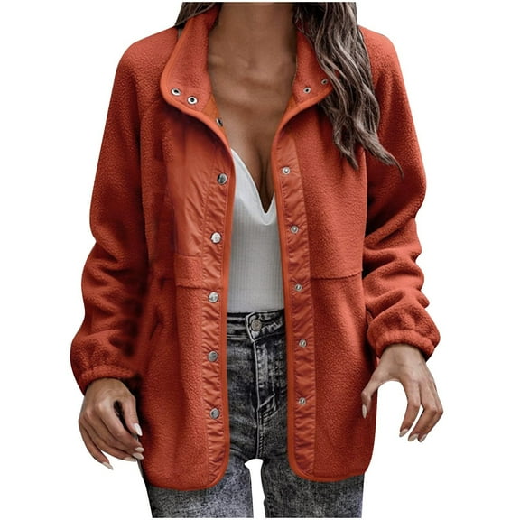 Kaemgyyd Fleece Jacket for Women Solid Color Collar Button down Coat Fuzzy Long Sleeve Warm Outwear Fall Winter