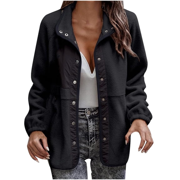 Kaemgyyd Fleece Jacket for Women Solid Color Collar Button down Coat Fuzzy Long Sleeve Warm Outwear Fall Winter