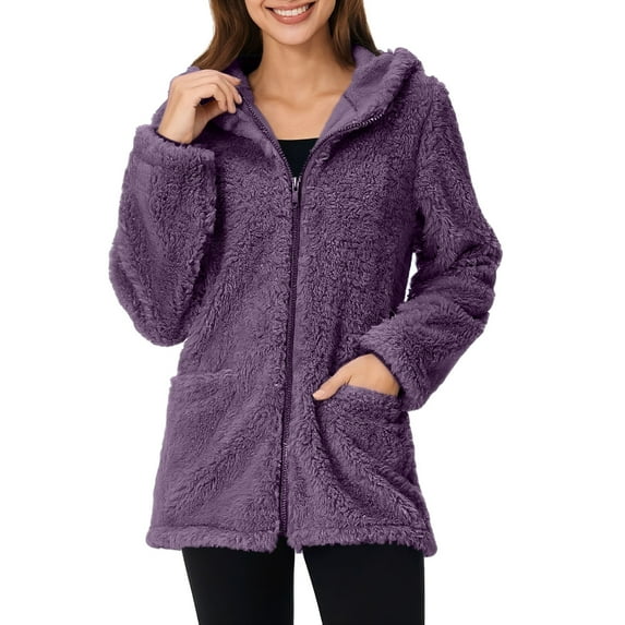 Kaemgyyd Fleece Jackets for Women Winter Thermal Long Sleeve Full Zip Sherpa Coat Lightweight Comfortable Outerwear with Hood