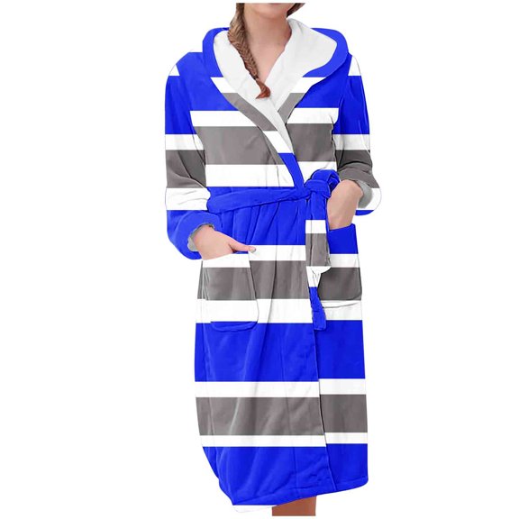 Kaemgyyd Fleece Robe for Women Soft Warm Color Block Midi Plush Bathrobe Fall Winter Comfy Pajamas Sleepwear with Pockets