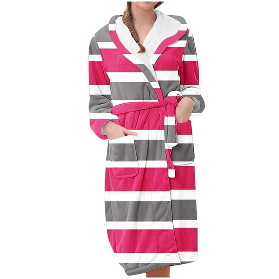 Kaemgyyd Fleece Robe for Women Soft Warm Color Block Midi Plush Bathrobe Fall Winter Comfy Pajamas Sleepwear with Pockets