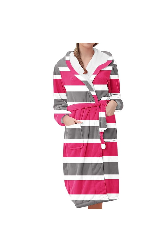 Fleece Robe for Women Soft Warm Color Block Midi Plush Bathrobe Fall Winter Comfy Pajamas Sleepwear with Pockets