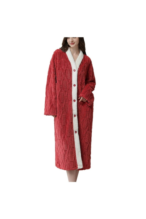 Fleece Robes for Women Winter Warm Button down Plush Bathrobe Thermal Housecoat Long Sleeve Cozy Sleepwear with Pockets