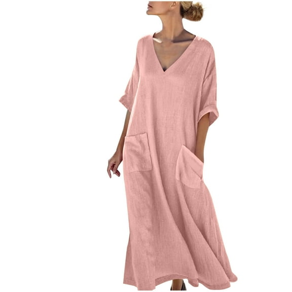 Kaemgyyd Flowy Dresses for Women Solid Color 3/4 Sleeve V Neck Long Dress Boho Loose Comfy Maxi Dress with Pockets