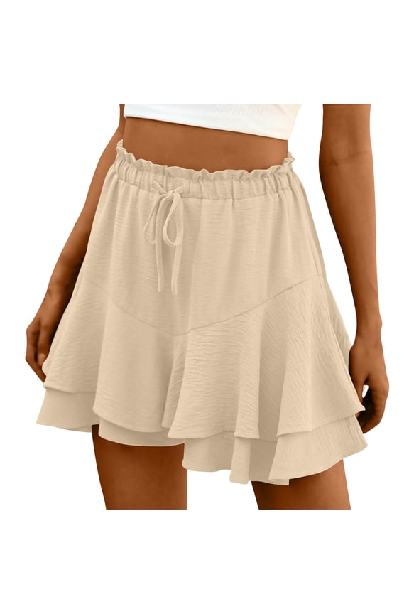 Flowy Shorts for Women Cute Boho Ruffle Tiered Beach Vaction Shorts Trendy Drawstring High Waist Mini Shorts