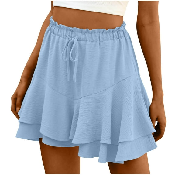 Kaemgyyd Flowy Shorts for Women Cute Boho Ruffle Tiered Beach Vaction Shorts Trendy Drawstring High Waist Mini Shorts