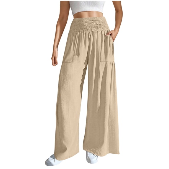 Kaemgyyd Flwoy Pants for Women Palazzo Smocked High Waist Pleated Pants Fashion Pocket Boho Beach Trousers Fall Clothes