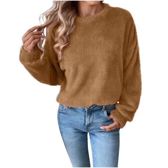 Kaemgyyd Fuzzy Fleece Tops for Women Cozy Winter Warm Sherpa Pullover Casual Solid Color Long Sleeve Fashion Tops