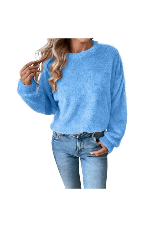 Fuzzy Fleece Tops for Women Cozy Winter Warm Sherpa Pullover Casual Solid Color Long Sleeve Fashion Tops