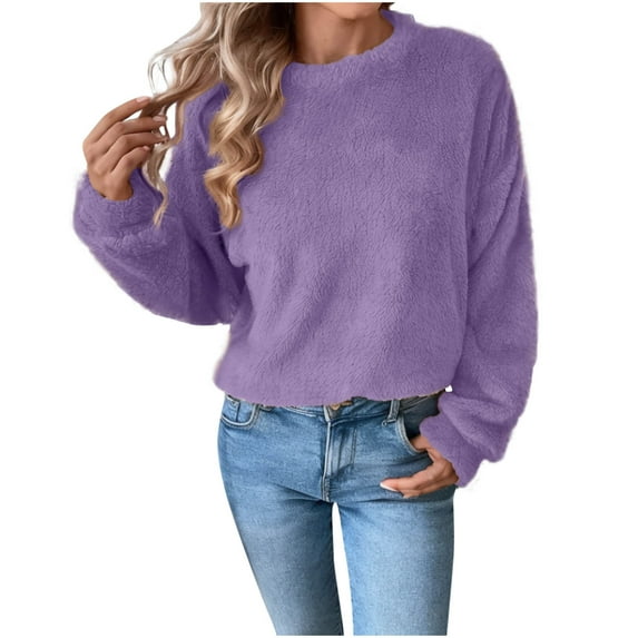 Kaemgyyd Fuzzy Fleece Tops for Women Cozy Winter Warm Sherpa Pullover Casual Solid Color Long Sleeve Fashion Tops