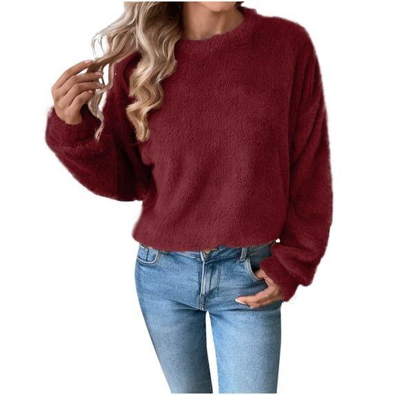 Kaemgyyd Fuzzy Fleece Tops for Women Cozy Winter Warm Sherpa Pullover Casual Solid Color Long Sleeve Fashion Tops
