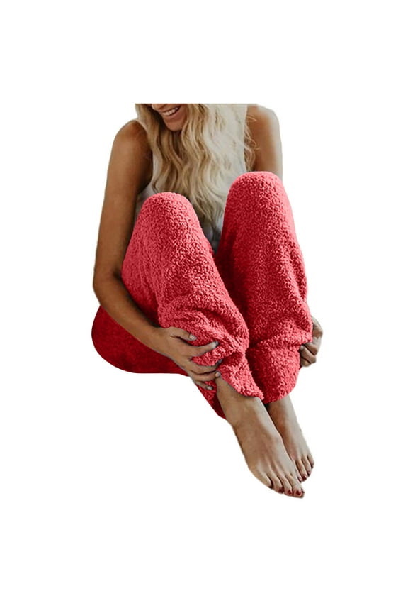 Fuzzy Pajamas Pants for Women Plus Size Winter Warm Fluffy Loungewear Soft Fleece Pj Bottoms Solid Color Plush Sleepwear