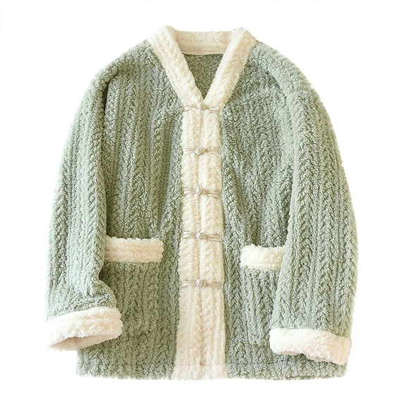 Kaemgyyd Fuzzy Pajamas Tops for Women Fleece Sherpa Flannel Long Sleeve Sleepwear Trendy Color Block Button down Shirt Loungewear