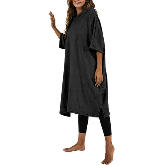 Kaemgyyd Fuzzy Robes for Women Winter Long Oversized Housecoat 3/4 Sleeve Hooded Fleece Sweatshirt Sleepwear Sherpa Loungewear